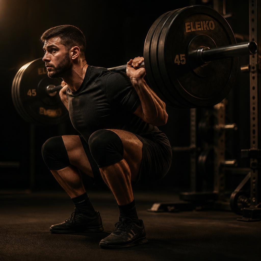Athlete performing a barbell squat under warm gold gym lighting