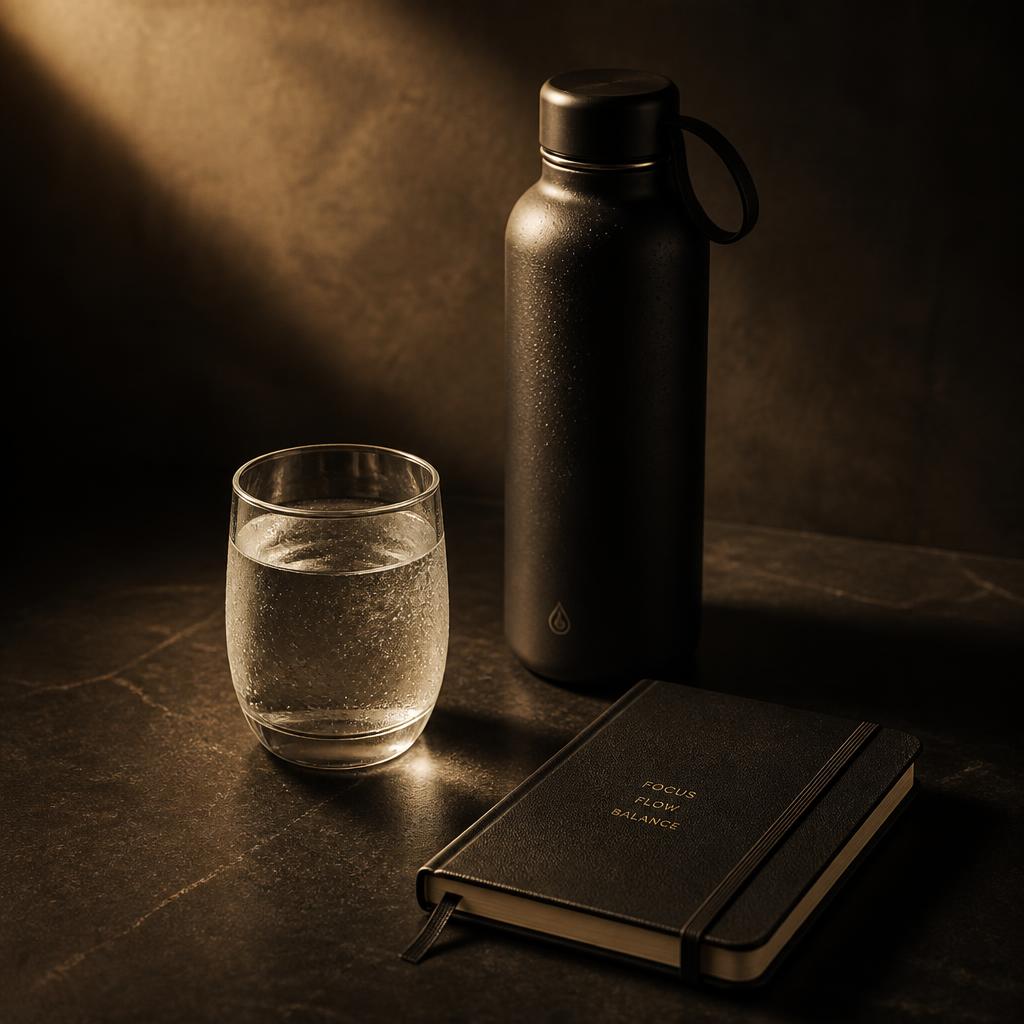 Glass of water, bottle and journal on a dark surface in warm light