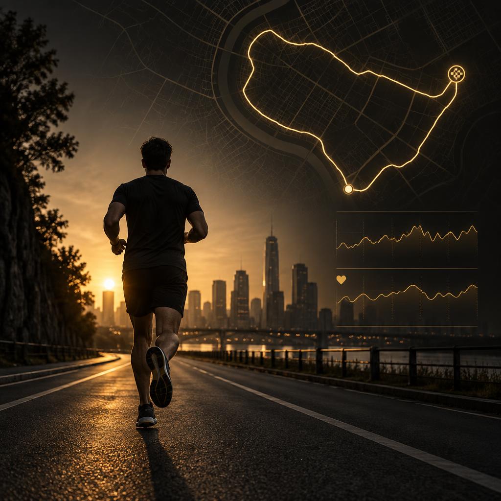 Runner at sunrise with a glowing gold GPS route and heart-rate chart